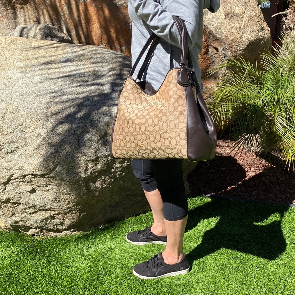 NWT COACH Beige/Brown Signature canvas/leather Edie 31 shoulder bag.